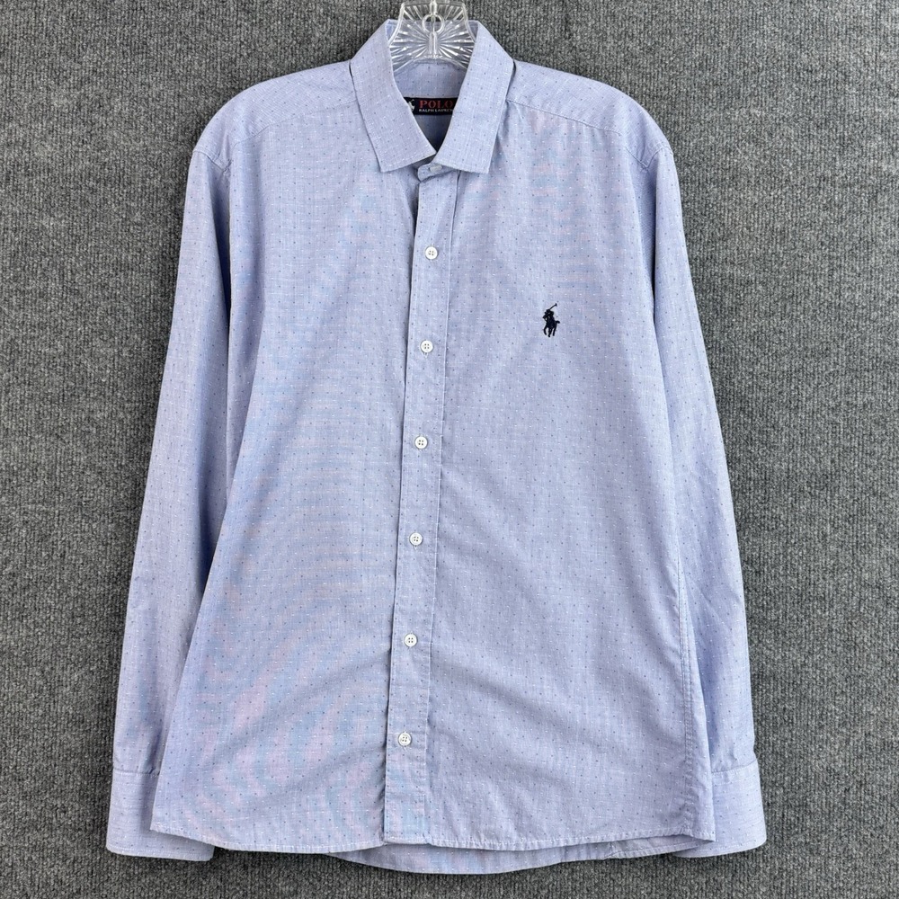 Polo Ralph Lauren Dress Shirt Men's M Blue Dobby Pony Logo Cotton Button Up